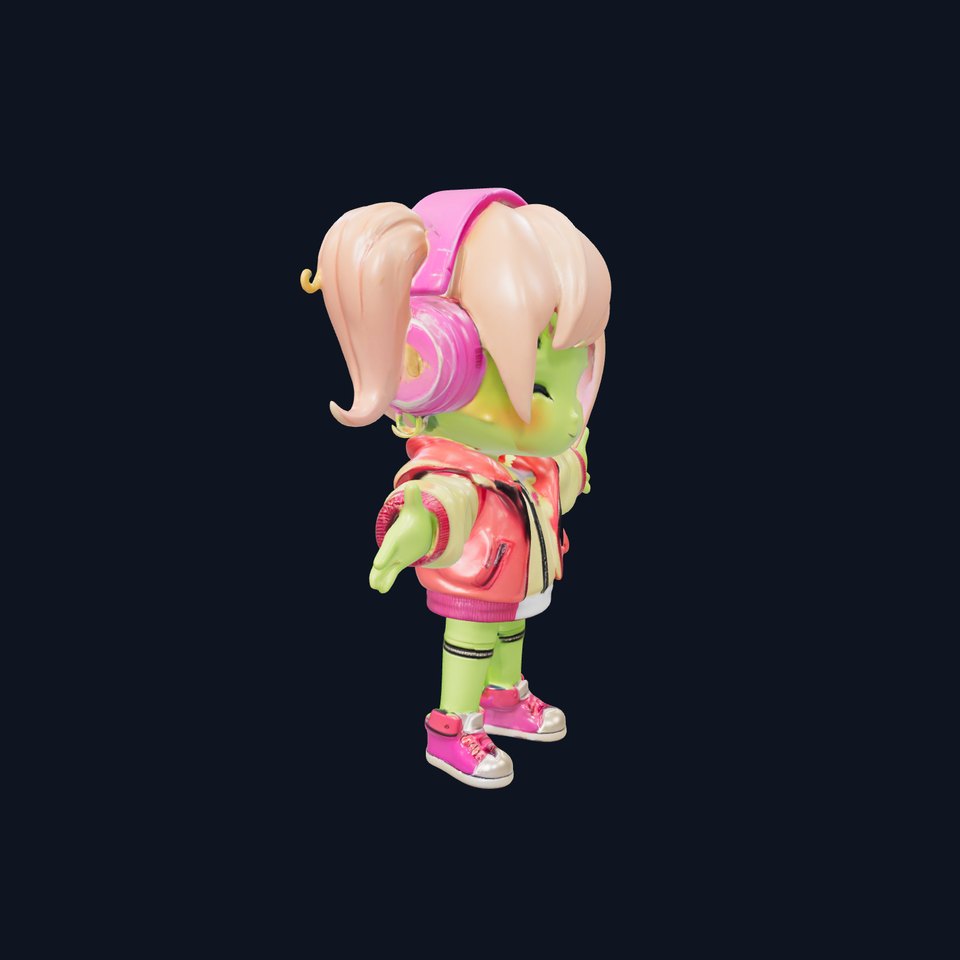 Chibi Green Alien Girl with Headphones Rigged and Animated